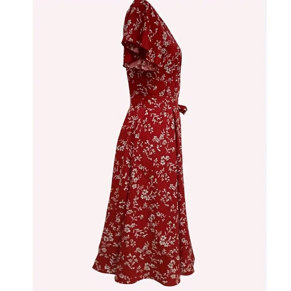 Boho Red Floral V neck Ruffle Hem Midi Dress Wrap Style Short Butterfly Sleeve - Picture 10 of 14